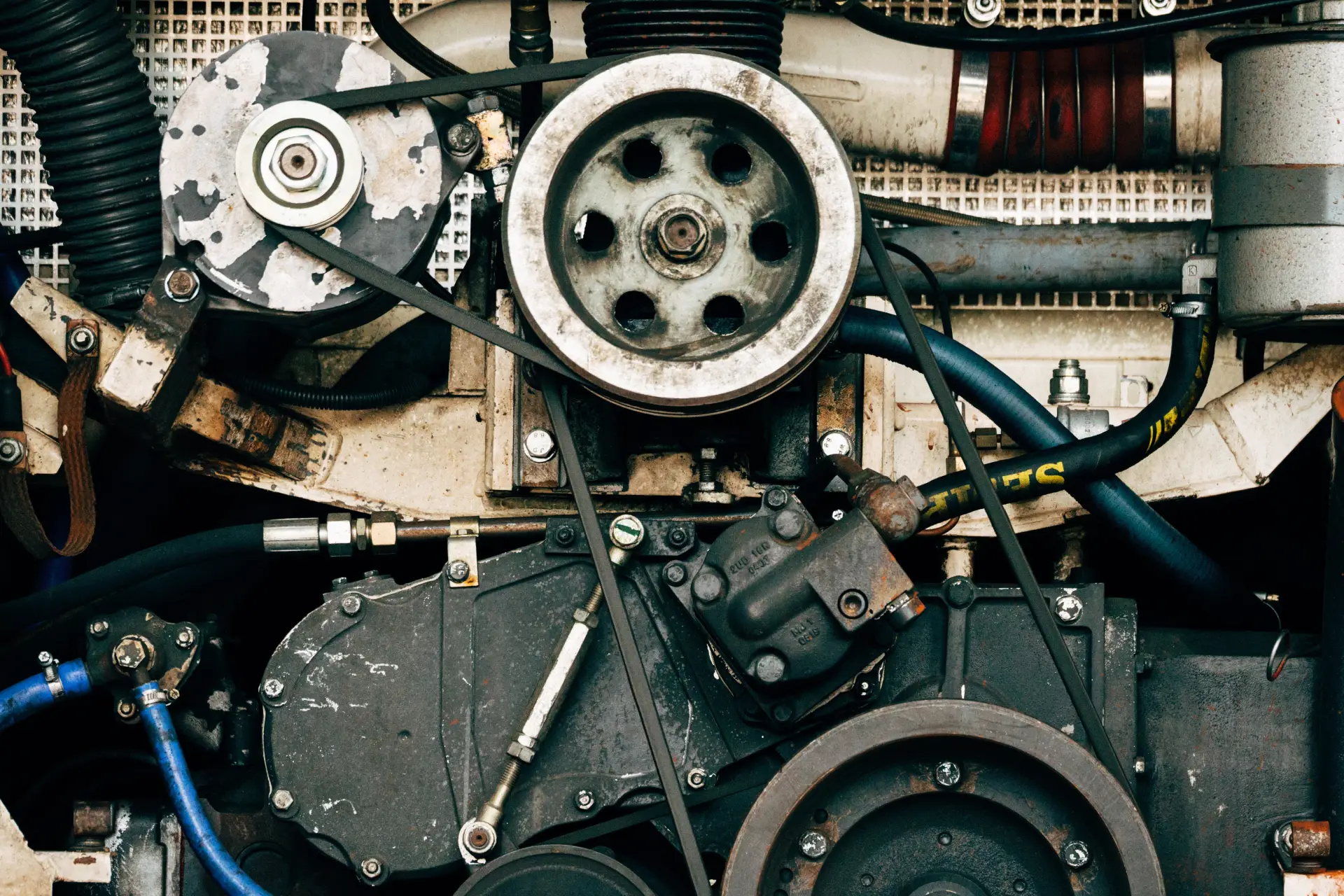 Close-up of an engine. Three pulleys linked by belts are visible